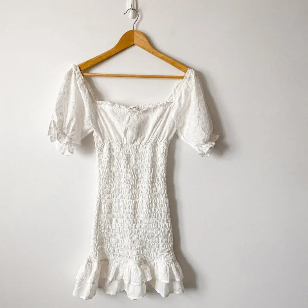 Idem Ditto Smocked Ruffle Eyelet Mini Dress White Size Small